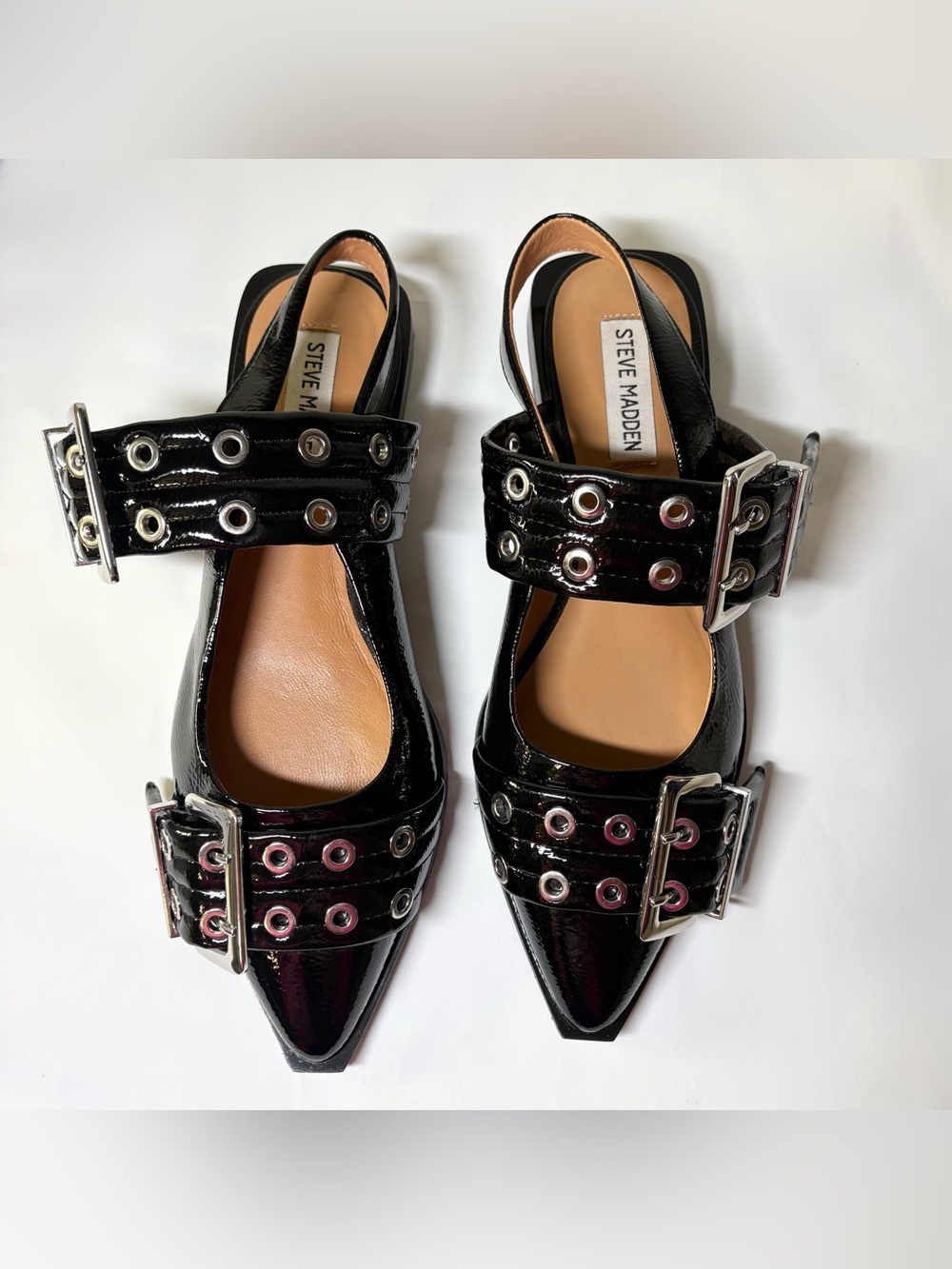 STEVE MADDEN Graya Slingback Buckle Flats Black Leather And Patent Women’s US 8 - Picture 4 of 16